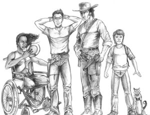 The Ka-tet: Roland of Gilead, Eddie, Susannah and Jake (with Oy)