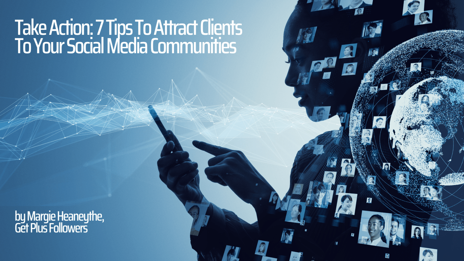 A woman looks at her smartphone as images of people show up on the screen.