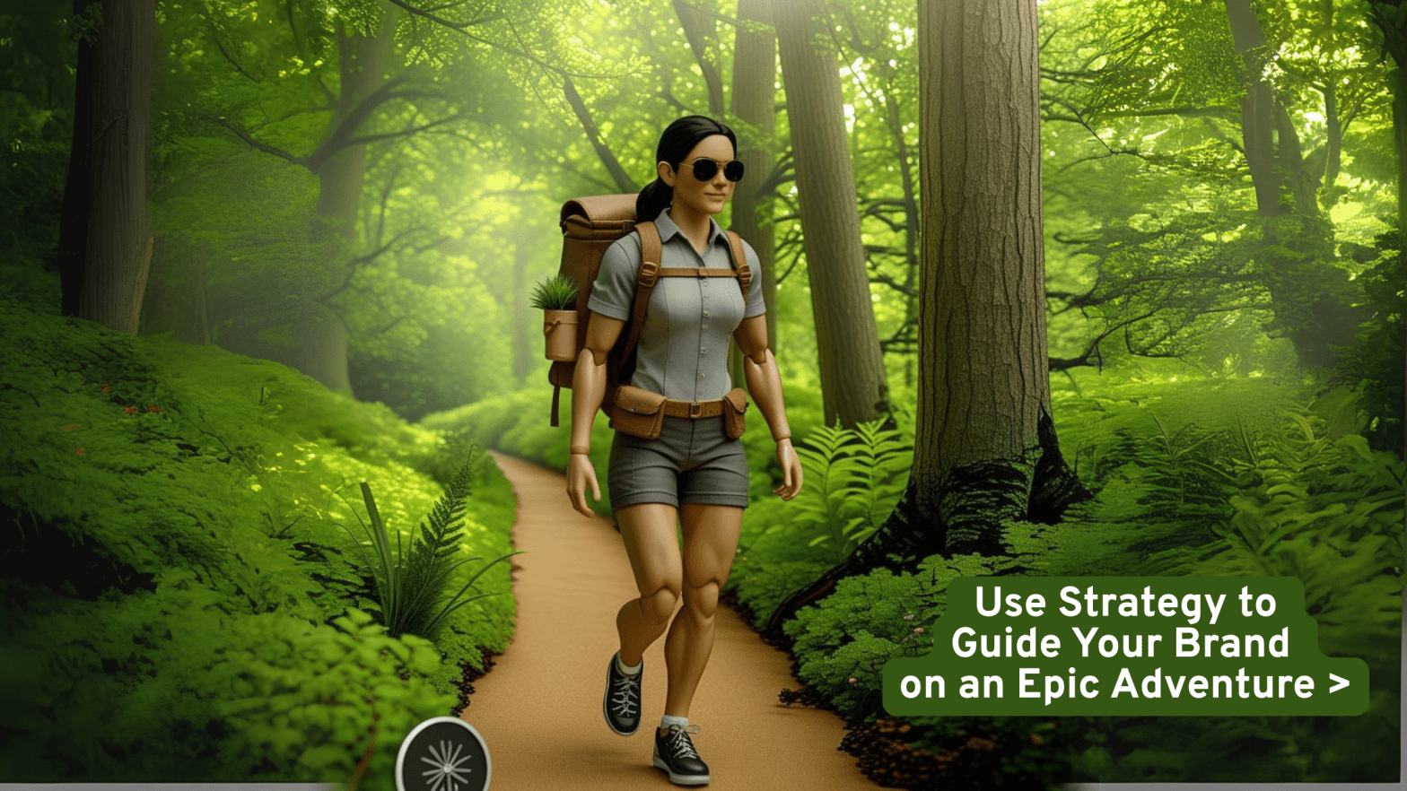 An AI-generated female action figure hikes through the woods.