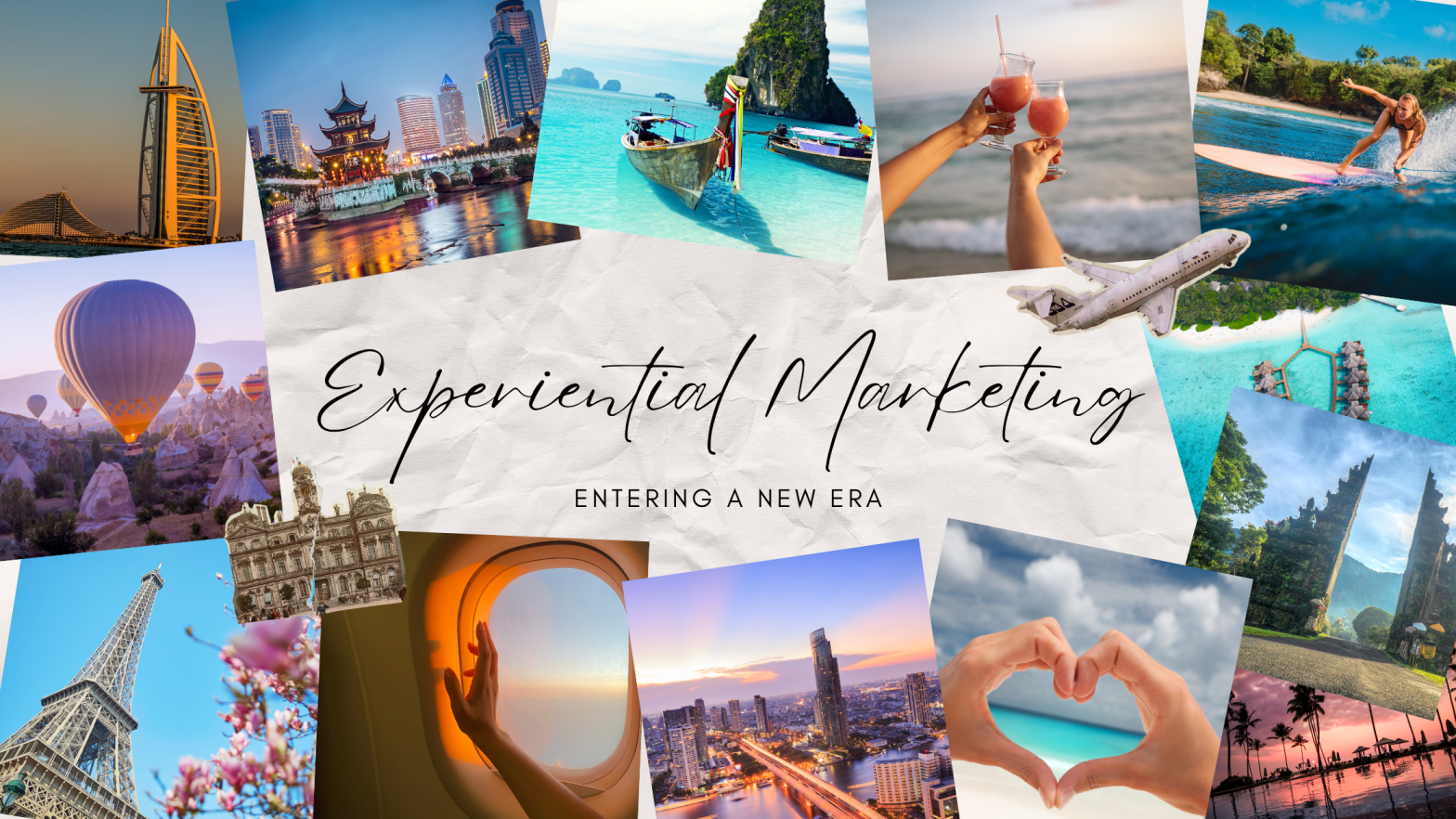 A scrapbook of different images, from a boat in the sea to a woman surfboarding. Message: Experiential Marketing Entering A New Era