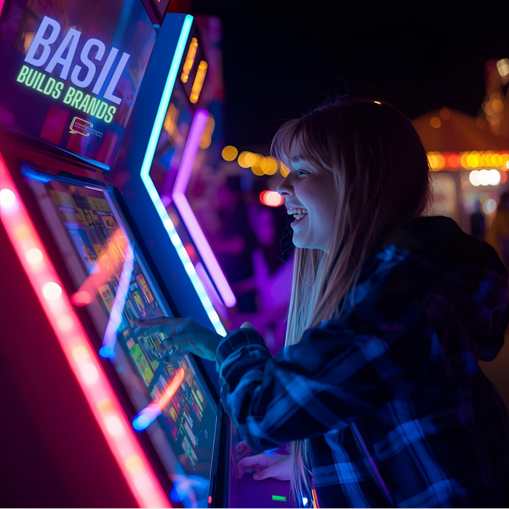 A woman interacts with Basil the Brand Builder at the CCC Carnival!